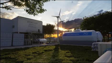 hydrogen renewable energy production - hydrogen gas for clean electricity solar and windturbine facility. 3d rendering