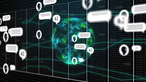 animation of artificial intelligence chat text and data processing over globe