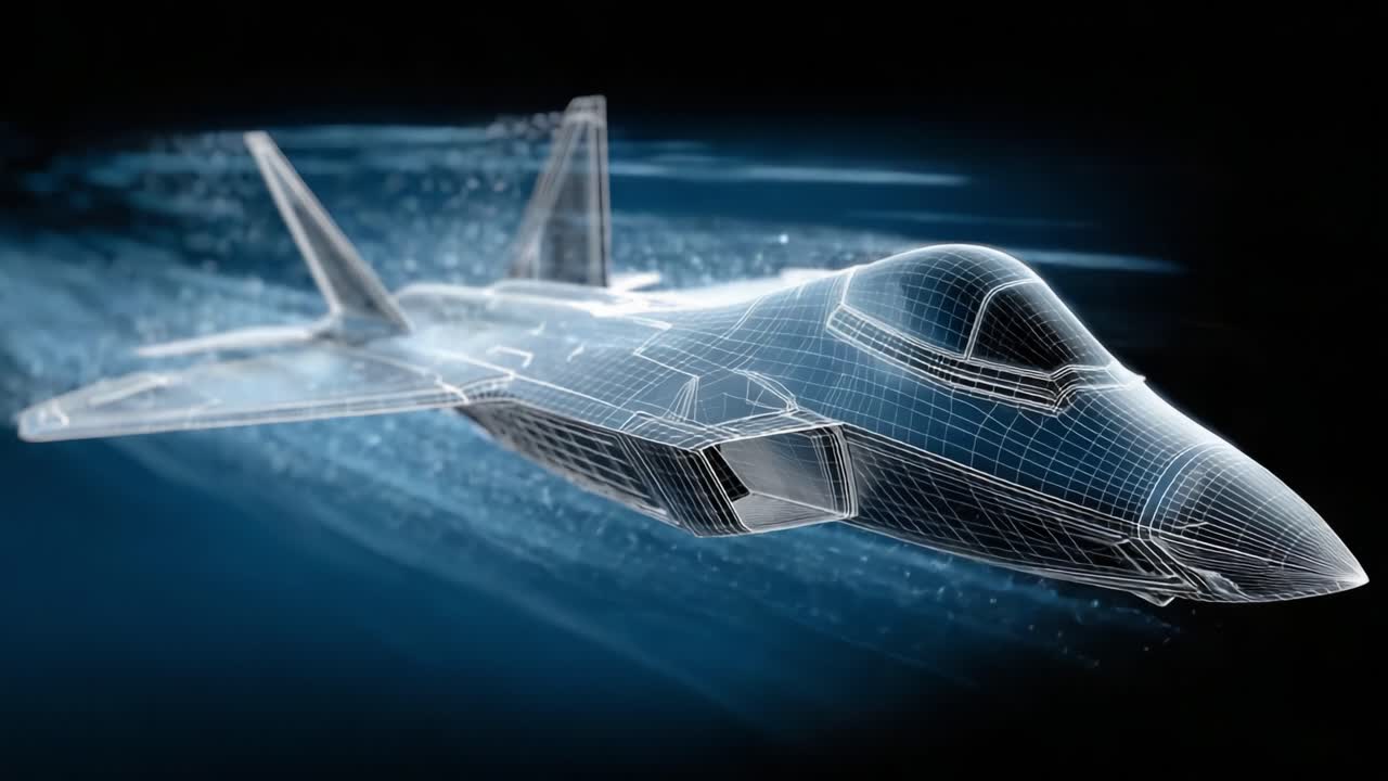 Futuristic Jet Flying Through Digital Space with High-Speed Trajectory in a Wireframe Design, Showcasing Advanced Aerodynamics and Technology