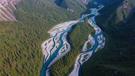 aerial view of a braided river system winding through a forested valley