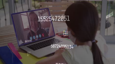 animación de números cambiando sobre una chica con máscara facial usando una computadora portátil en una videollamada
