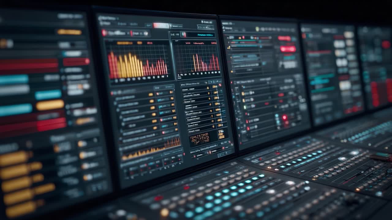 A High-Tech Control Room Filled with Monitors Displaying Complex Data Visualizations and Control Interfaces for Monitoring and Analysis Tasks