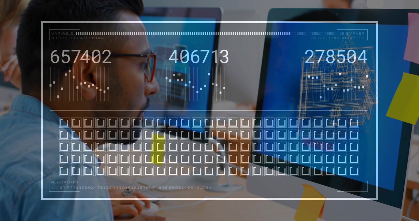 Seated engineer leaning toward screen, checking CAD while HUD appearing, cycling readouts