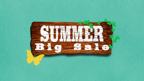 gran venta de verano en madera con mariposas y hojas