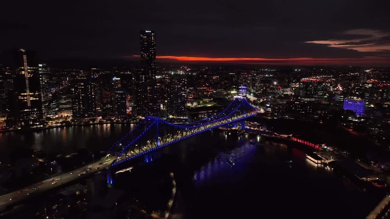 Establishing drone shot of Brisbane City's Story Bridge