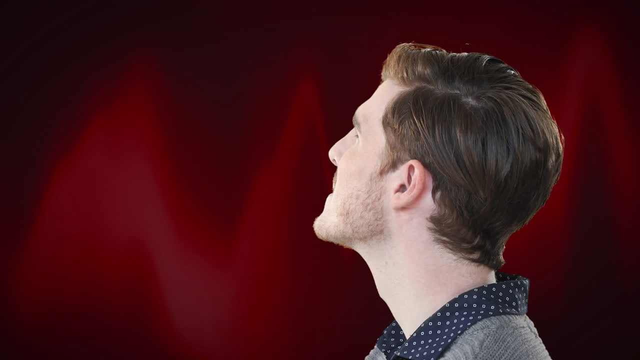 궁금하고 당황한 남자가 어두운 빨간색 배경에서 주위를 둘러보고 있는 애니메이션