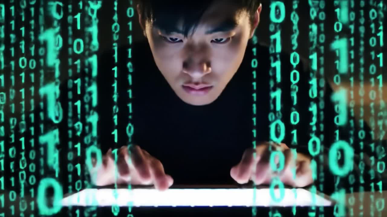 A focused individual engaged in digital tasks, surrounded by dynamic streams of binary code, illustrating the intersection of human intellect and technology in the modern age.