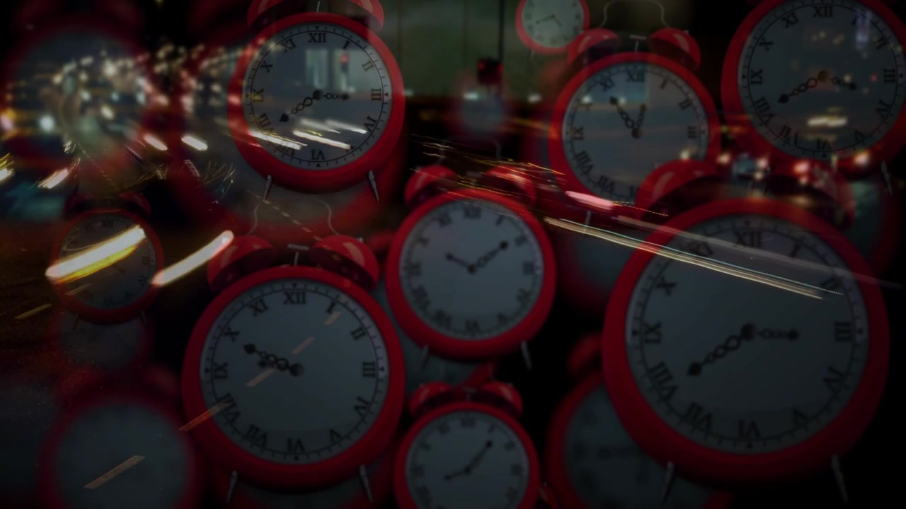 Cluster of red alarm clocks pulsing, triggered by sweeping light streaks, evoking passing time