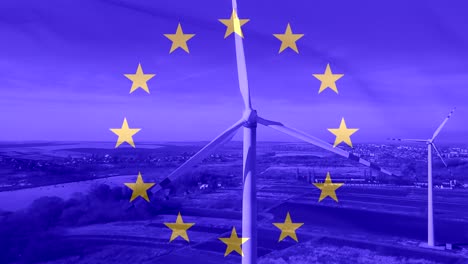 massive wind turbine - aerial close up against the background of the eu flag