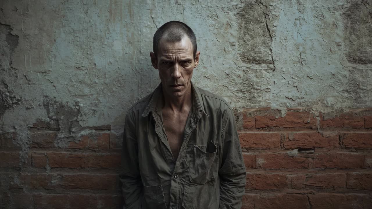 Standing middle-aged man holding gaze while camera recording at brick-plaster wall in olive shirt