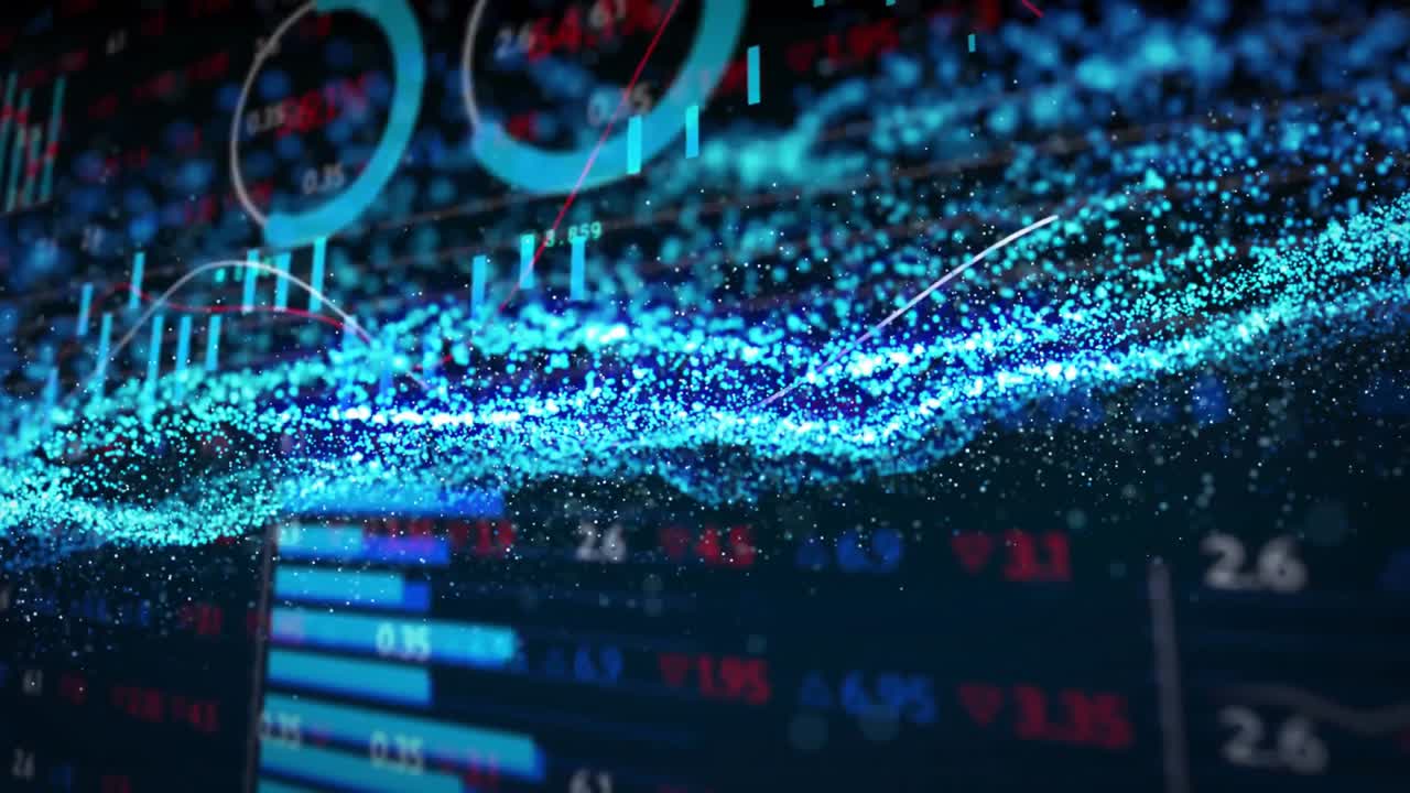 Blue particle stream sweeping from left edge, trend tracing, pie emerging, visualizing market data