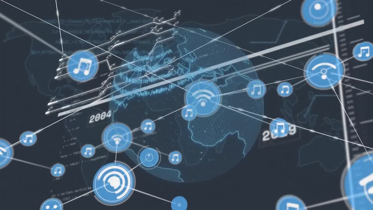 Animation of globe, data processing and network of connections