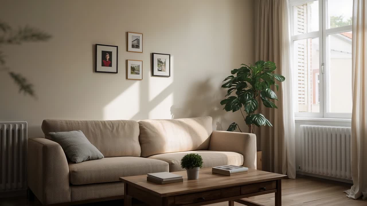 Raggi di sole che penetrano dalla finestra a destra, spostando la luce su un divano beige e un tavolo in casa, mentre il sole si sposta.