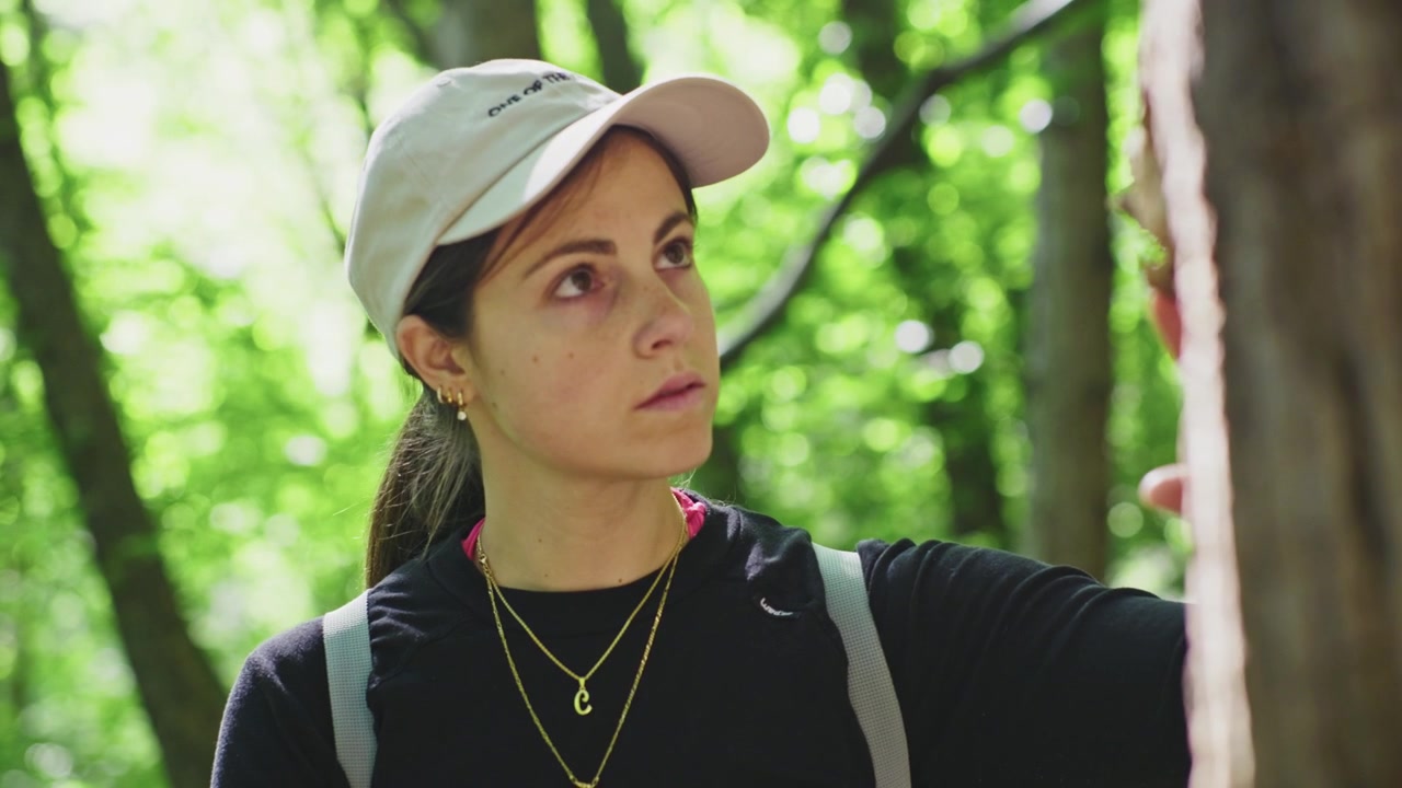 A young woman hiking through a lush forest while observing the surrounding nature during a peaceful mountain adventure