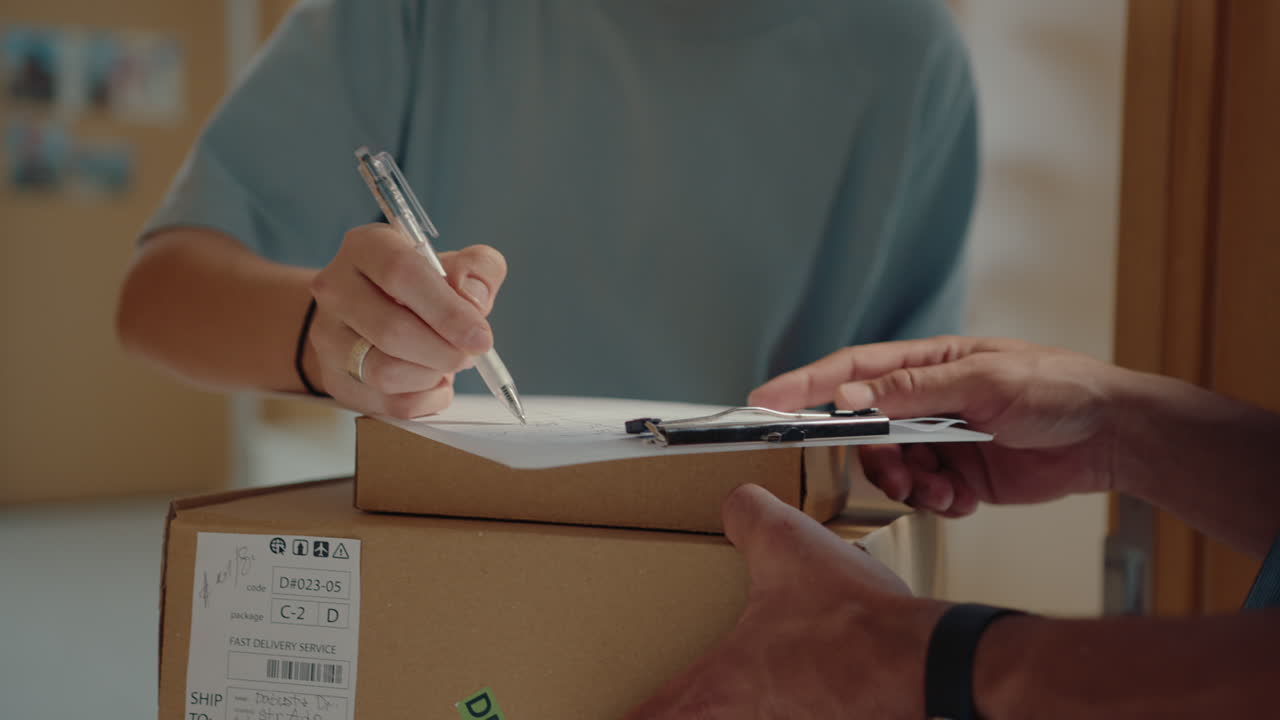Woman Signing Document and Receiving Parcels from Delivery Man