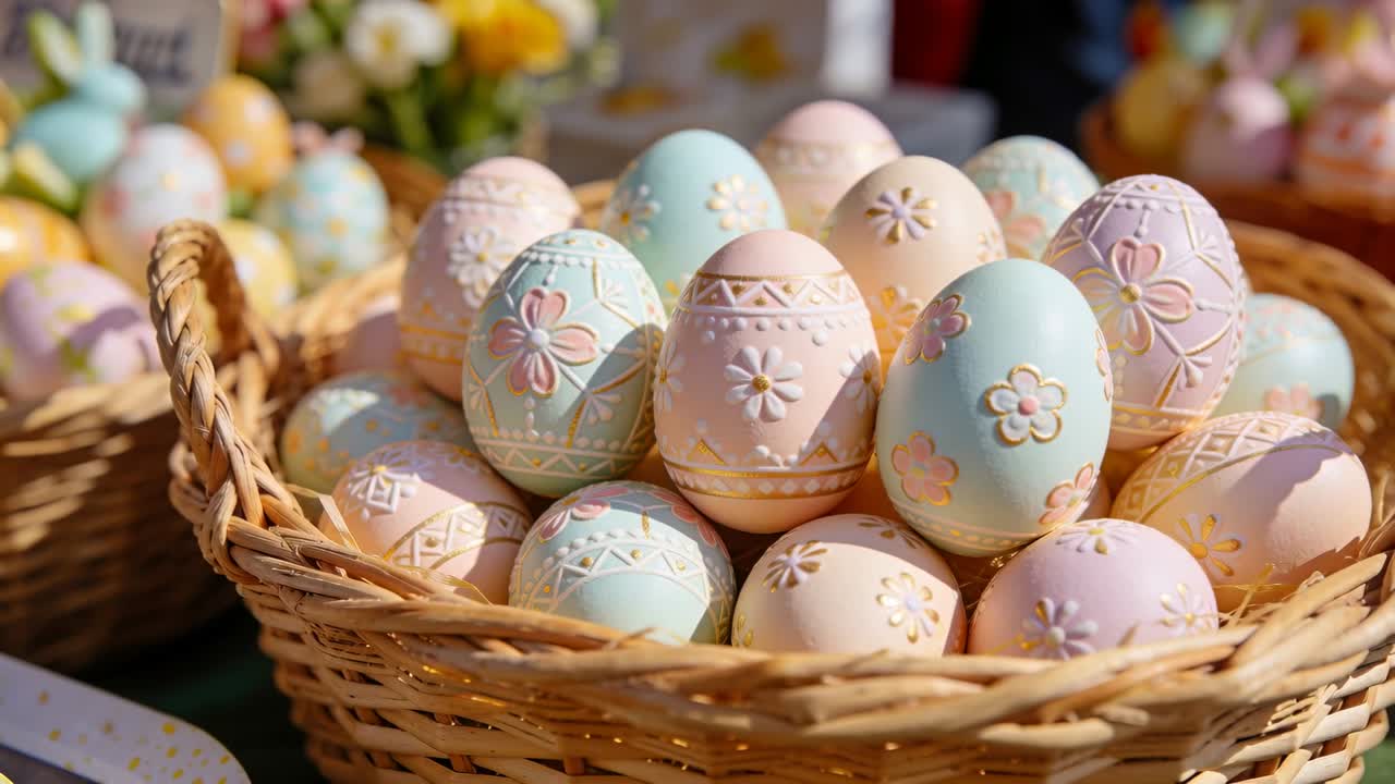 Pulling camera back, wicker basket of pastel embossed eggs holding center, showing second basket