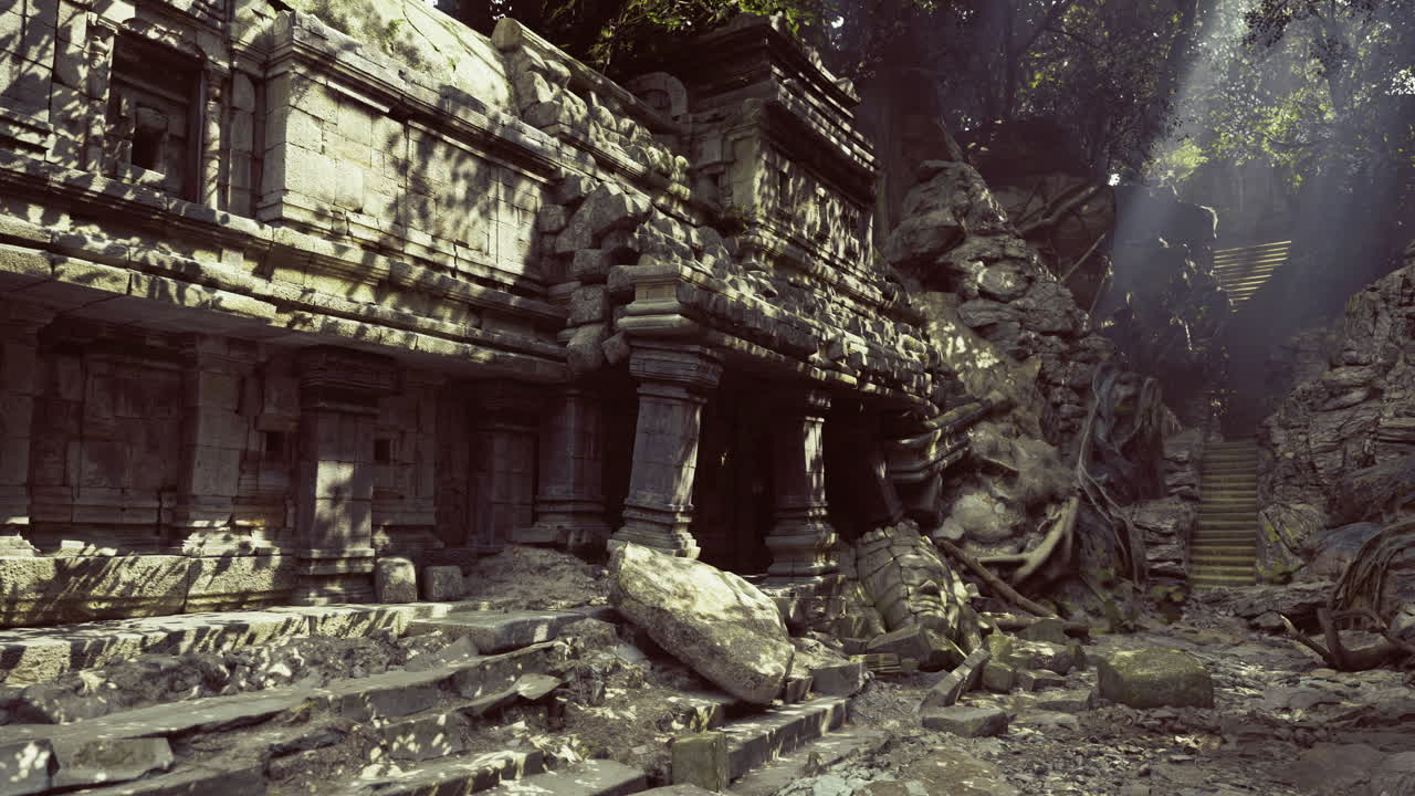 Ancient temple ruins revealed under sunlight in a dense jungle
