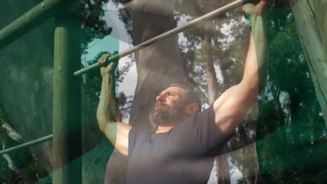 animation of flag gon nigeria over strong muscular man doing pull ups