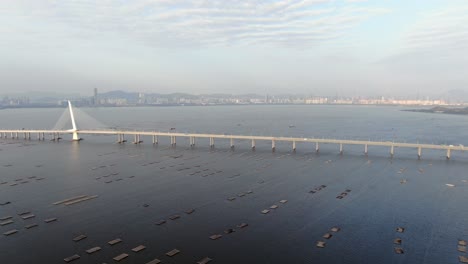puente de la bahía de hong kong shenzhen con edificios tin shui wai en el horizonte y piscinas de cultivo de peces y ostras, vista aérea
