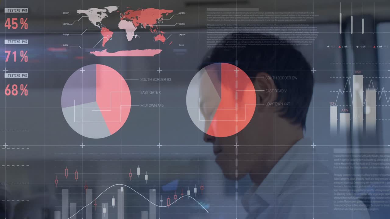 animación de procesamiento de datos estadísticos contra hombre asiático hablando en teléfono inteligente en el autobús