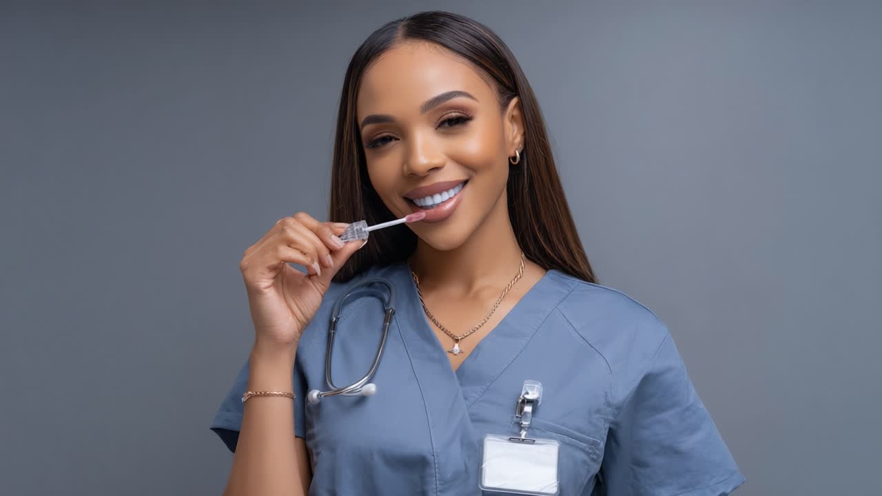 A confident healthcare professional showcasing a dental product, highlighting both beauty and professionalism in a modern medical setting with a friendly smile