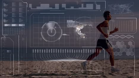 animation of data processing over fit man running at beach