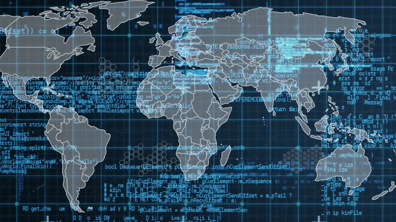 Animation of data processing over world map and grid