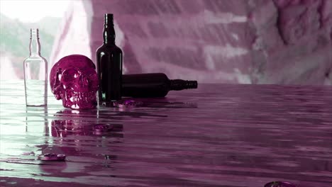 a still life with a skull, bottles, and coins on a purple and pink table with a reflection.