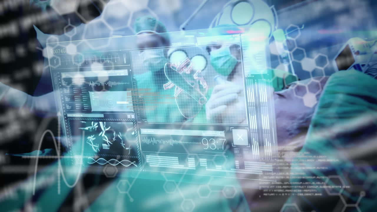 의료 데이터 처리 및 화학 화합물 구조의 애니메이션과 배경에서 의사