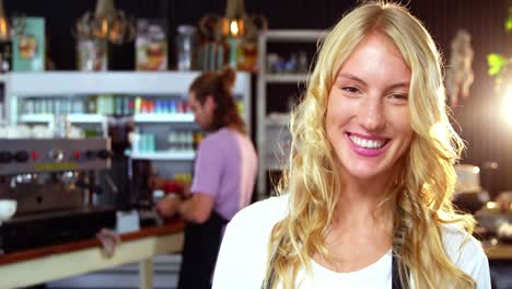 Portrait-of-waitress-using-digital-tablet-at-counter