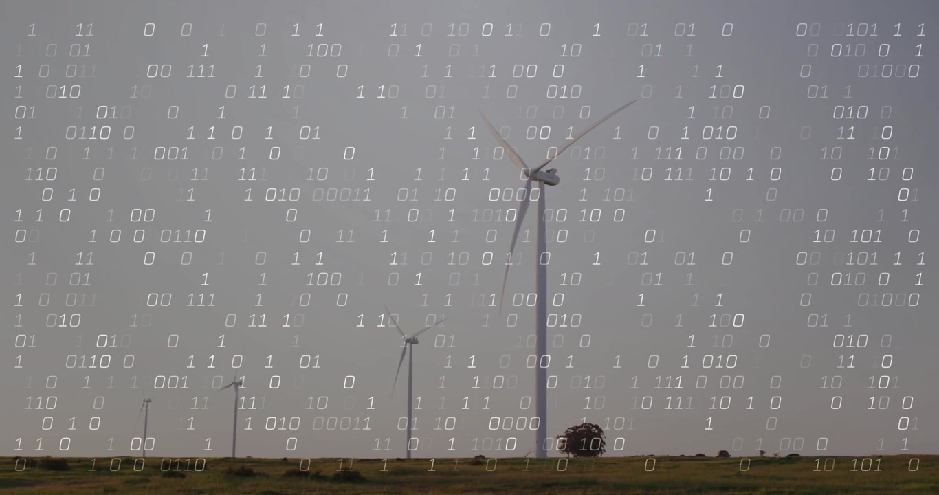 Binary code drifting downward initiating overlay as wind turbines rotating visualizing data flow
