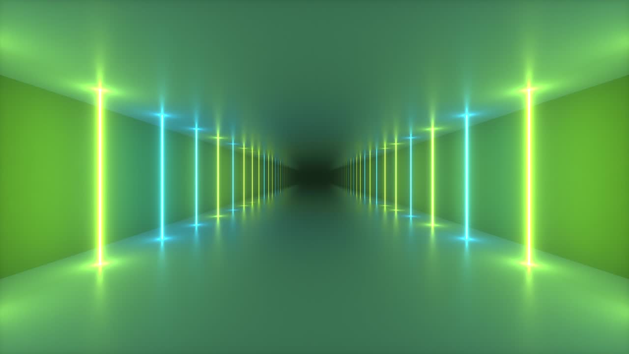 rendering 3d sin costuras abstracto de un vuelo en un corredor futurista, tubos de luz luminosos, láseres y líneas. espectro de luz colorido moderno