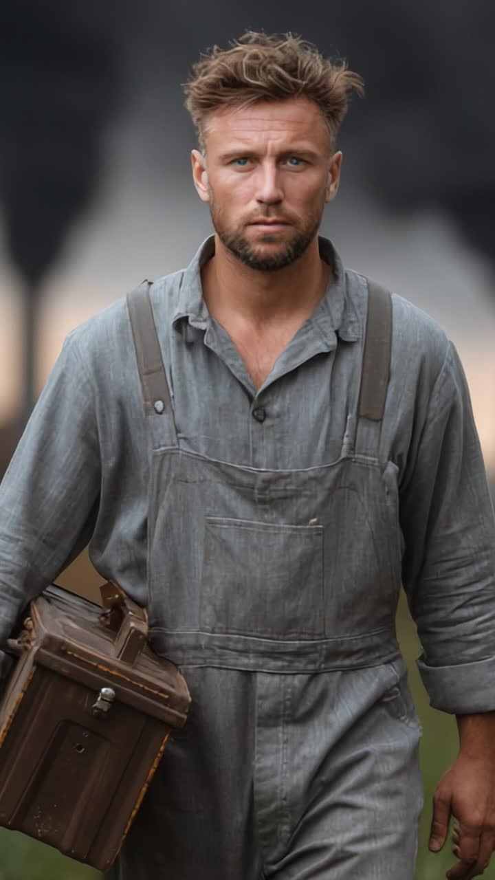 Determined worker strides confidently through industrial landscape, carrying tools for labor amidst the backdrop of smoke and machinery, symbolizing resilience and dedication