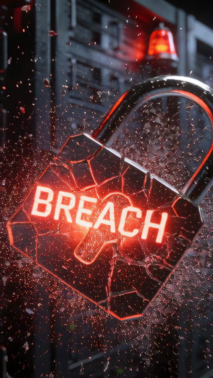 Metal padlock cracking in tech racks, alarm beacon activating, glowing BREACH signaling breach