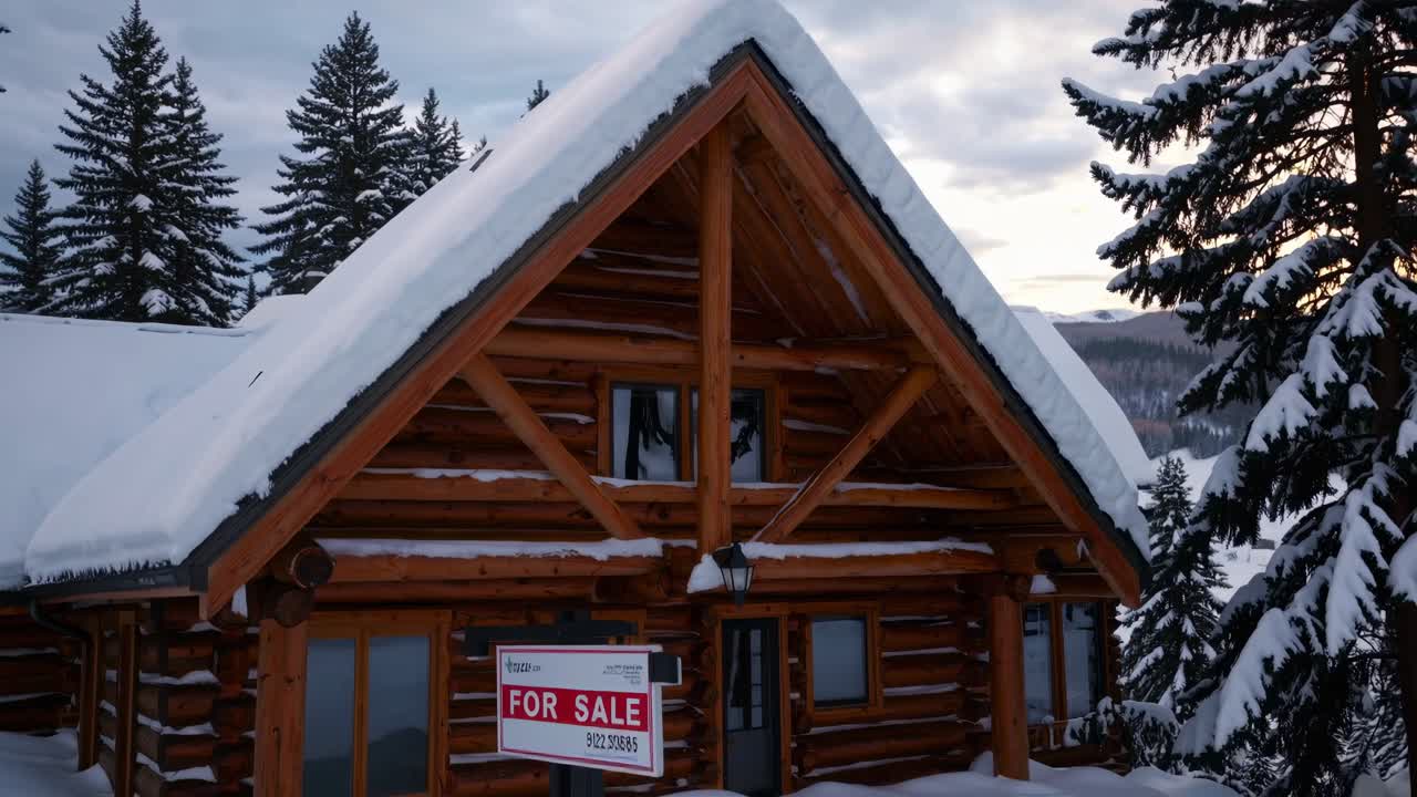 Wooden mountain houses nestled under snow laden roofs, surrounded by forest at golden sunset with snowy peaks silhouetted in background, evoking serene winter tranquility