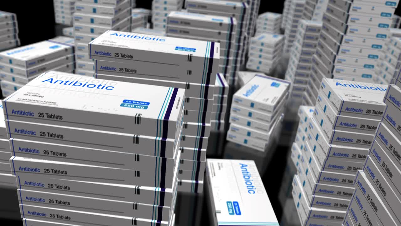 animación del ciclo de adquisición de medicamentos antibióticos en envases
