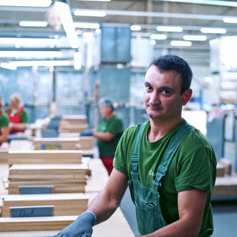 manufacturing of wooden boards. workers inside the huge industrial factory of furniture production.