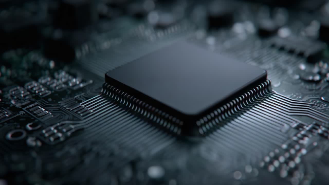 Close-up View of a Modern Microprocessor on a Circuit Board Illuminated by Red LEDs, Showcasing Advanced Technology and Intricate Design in a Captivating Detail