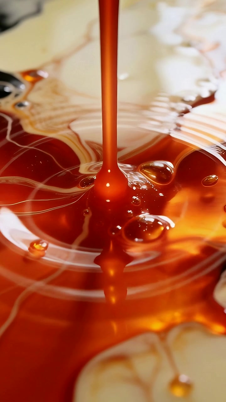 Video verticale: Versando sciroppo ambrato da un beccuccio che forma una bolla arrotondata e una pozza di crema marmorizzata in un piatto.