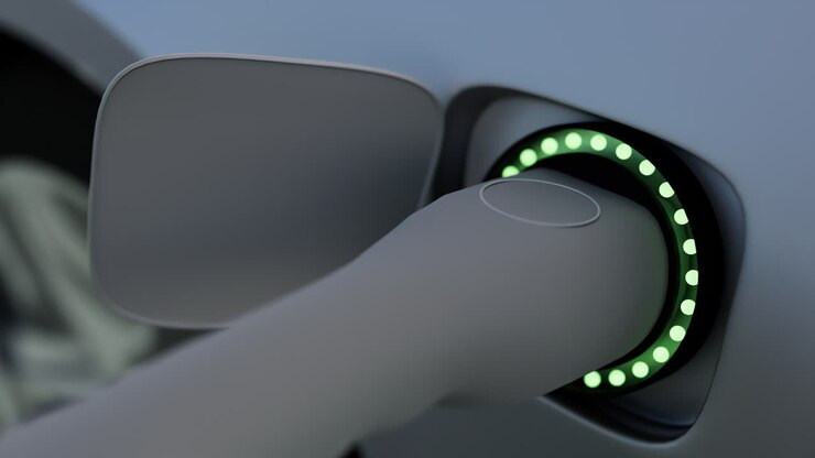 Realistic 3d rendering of Electric vehicle charging port plugging in car