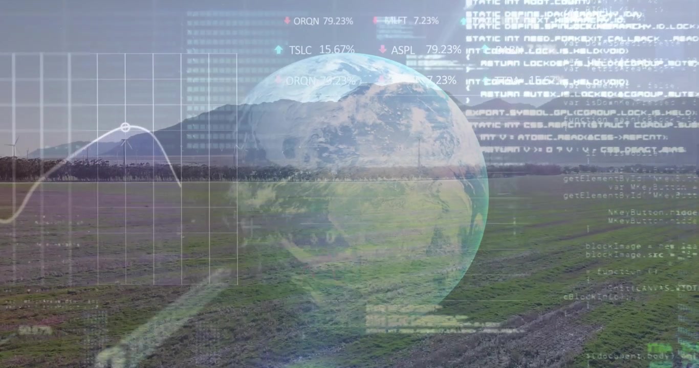 Animación de procesamiento de datos financieros con codificación binaria sobre la Tierra y turbinas eólicas.