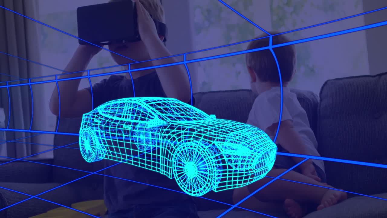animación de dibujo técnico 3d de un coche, sobre un niño en casa con auriculares vr