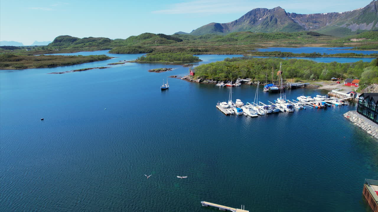 노르웨이 북부 링스타드 항구 내부의 오름차순 아리얼 뷰, 스칸디나비아의 아름다운 여름 전망, 아래로 날아가는 거위