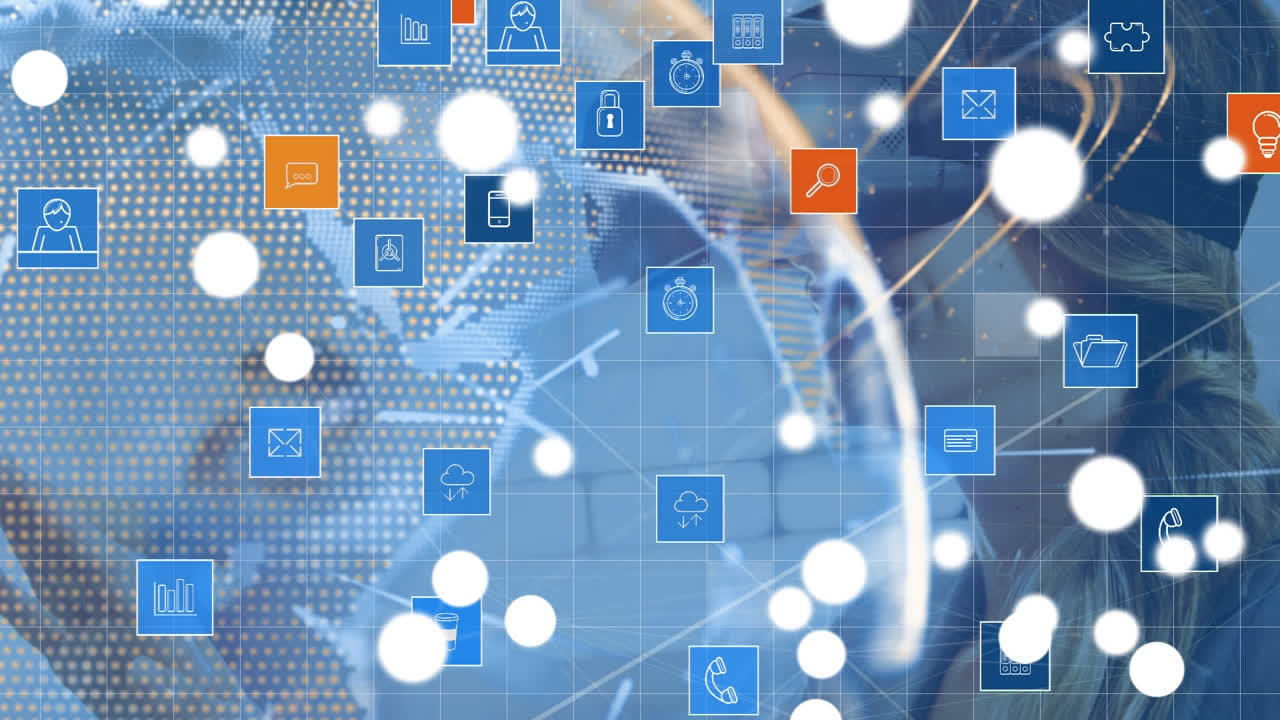 가상 현실 헤드 ⁇ 을 착용한 여성 위의 아이콘과 연결 네트워크의 애니메이션