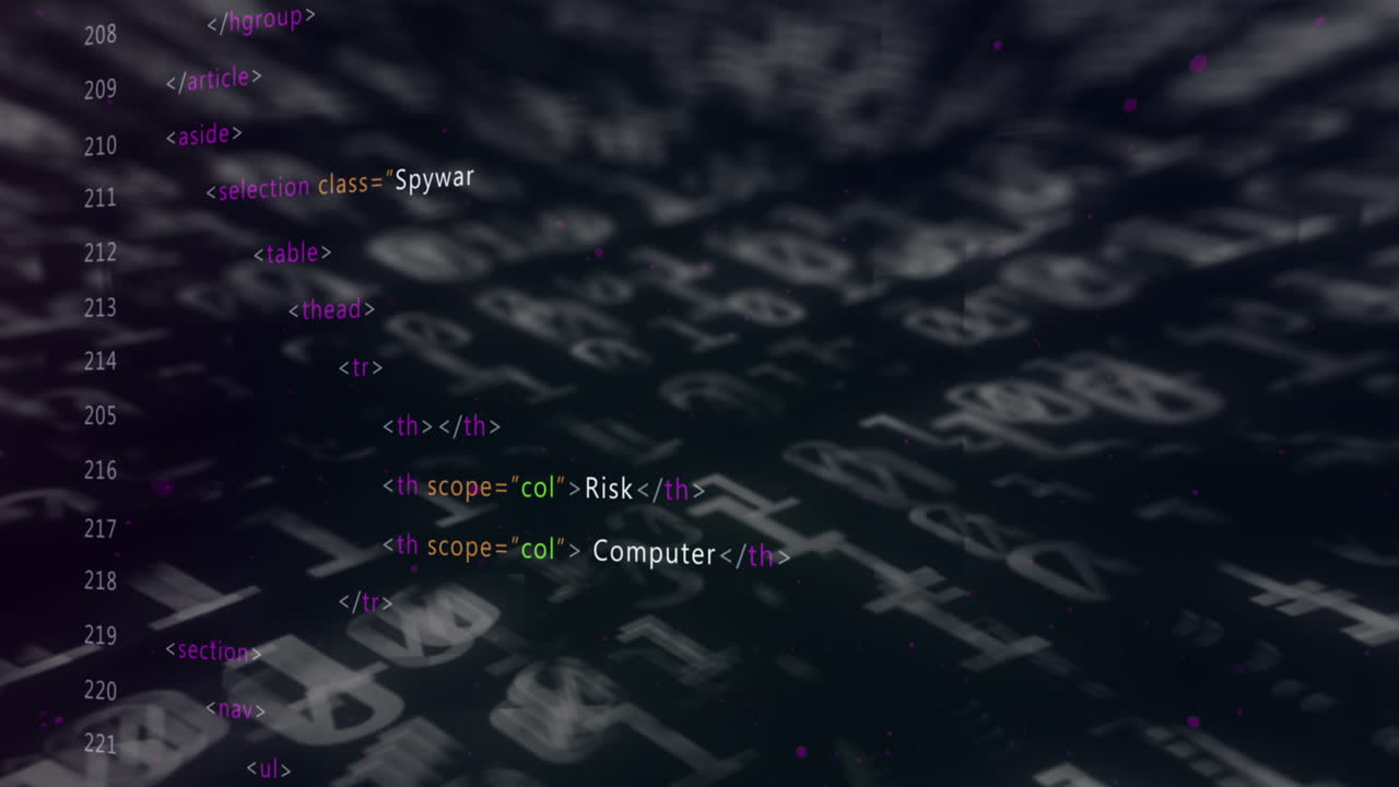 Animation of warning text, binary coding and data processing over grid