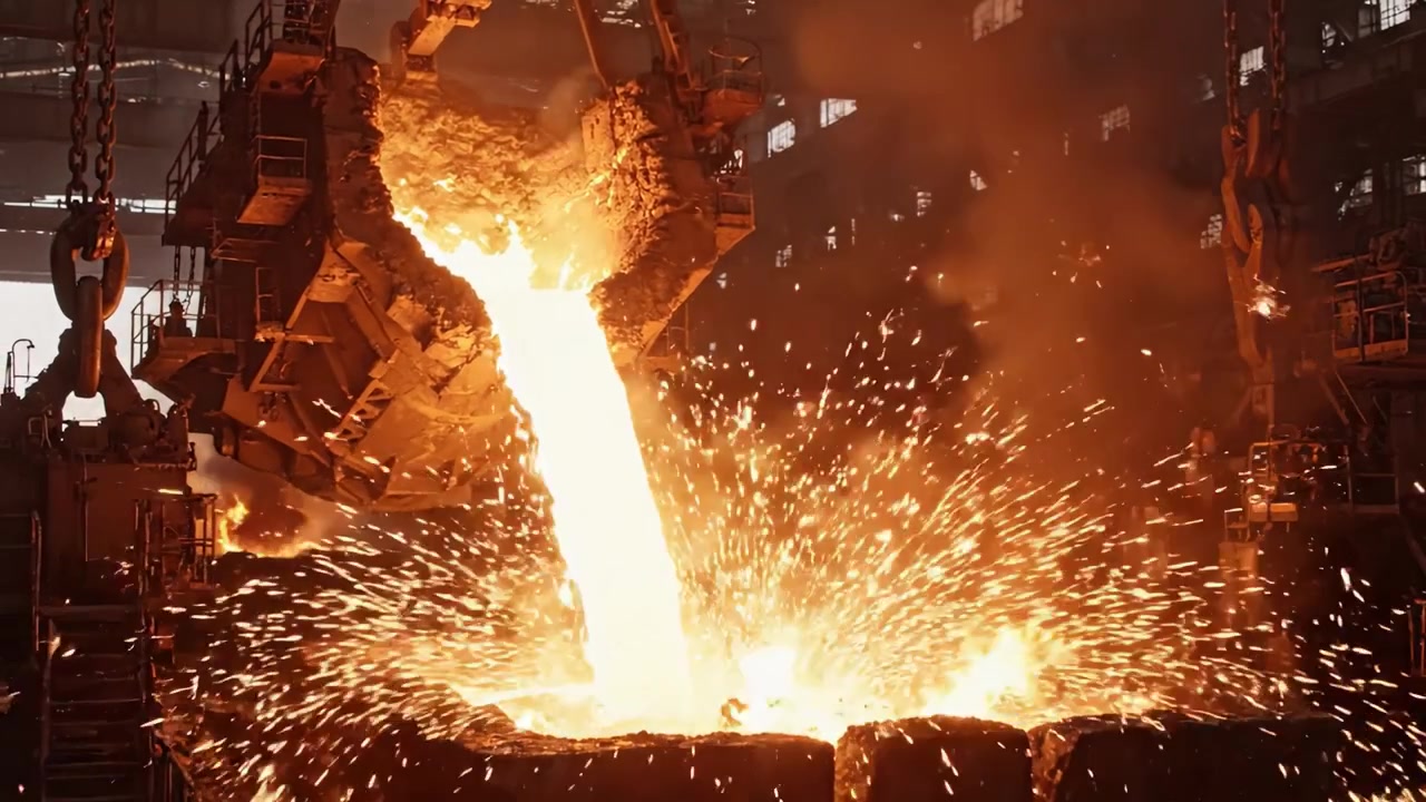 Spectaculaire coulée de métal en fusion sortant d'un four, capturant l'énergie et l'intensité des processus de fabrication industrielle en action.