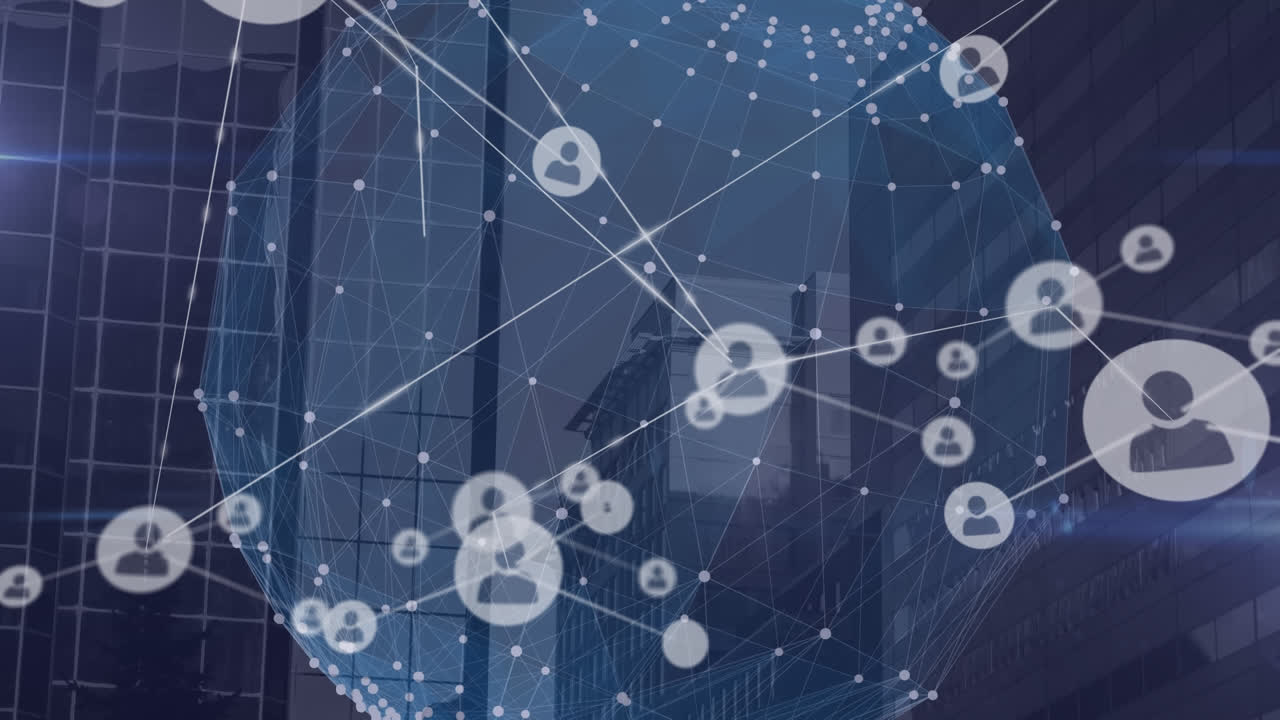 都市風景上のアイコンの接続ネットワークのアニメーション