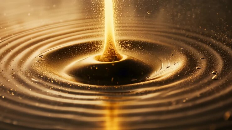 Descending golden liquid stream forming conical peak over gold pool, radiating ripples and droplets