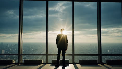 hombre de negocios con una vista desde un rascacielos
