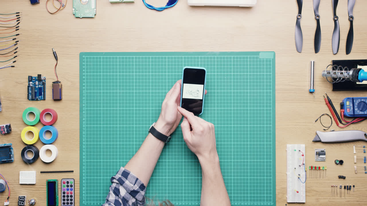 vista superior de las manos del técnico usando un teléfono inteligente trabajando en el escritorio desde arriba - dragón épico rojo